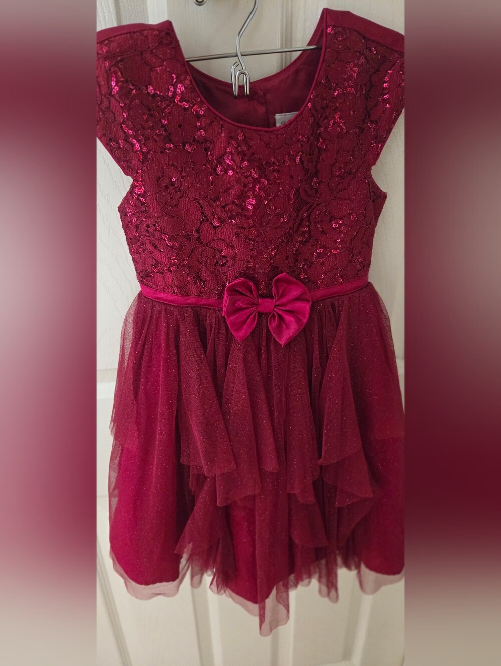 Jona Michelle Burgundy Sequin Lace Tulle Dress with Bow